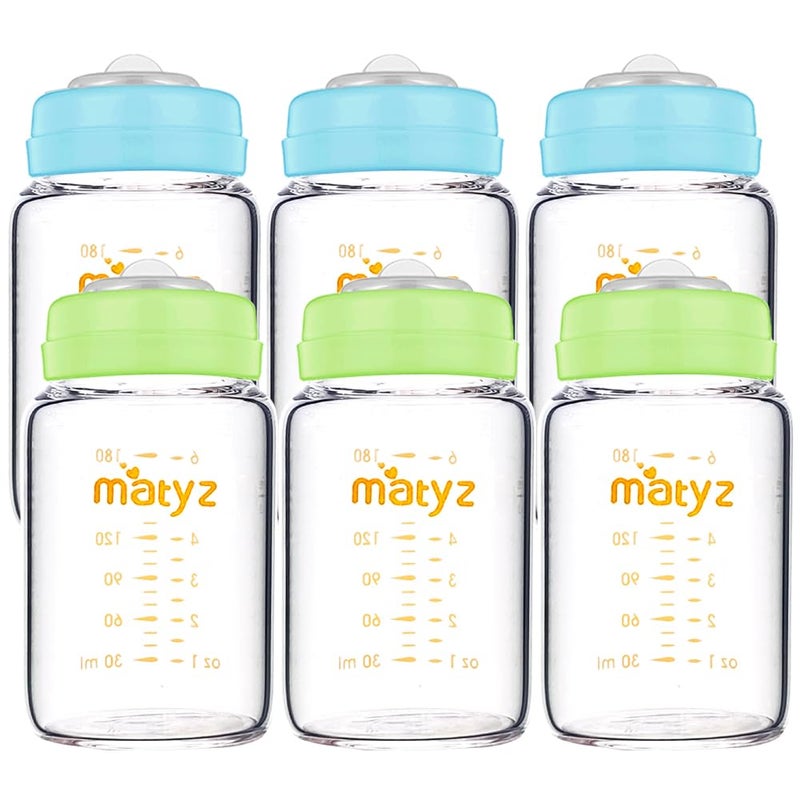 Matyz Glass Breastmilk Storage Bottles, 6 Pack, 6 oz, Sturdy Glass Bottle for Milk Freezing and Baby Feeding - Pumping Bottle for Philips Medela Spectra Breast Pumps - No BPA (3 Green & 3 Blue Lids) - Image 1